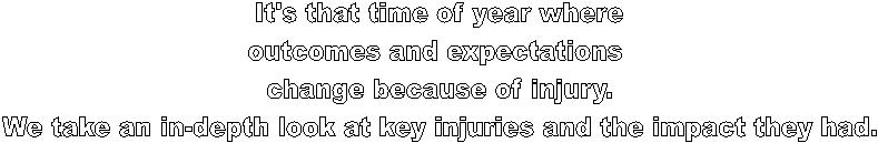 It's that time of year where
outcomes and expectations 
change because of injury.
We take an in-depth look at key injuries and the impact they had.